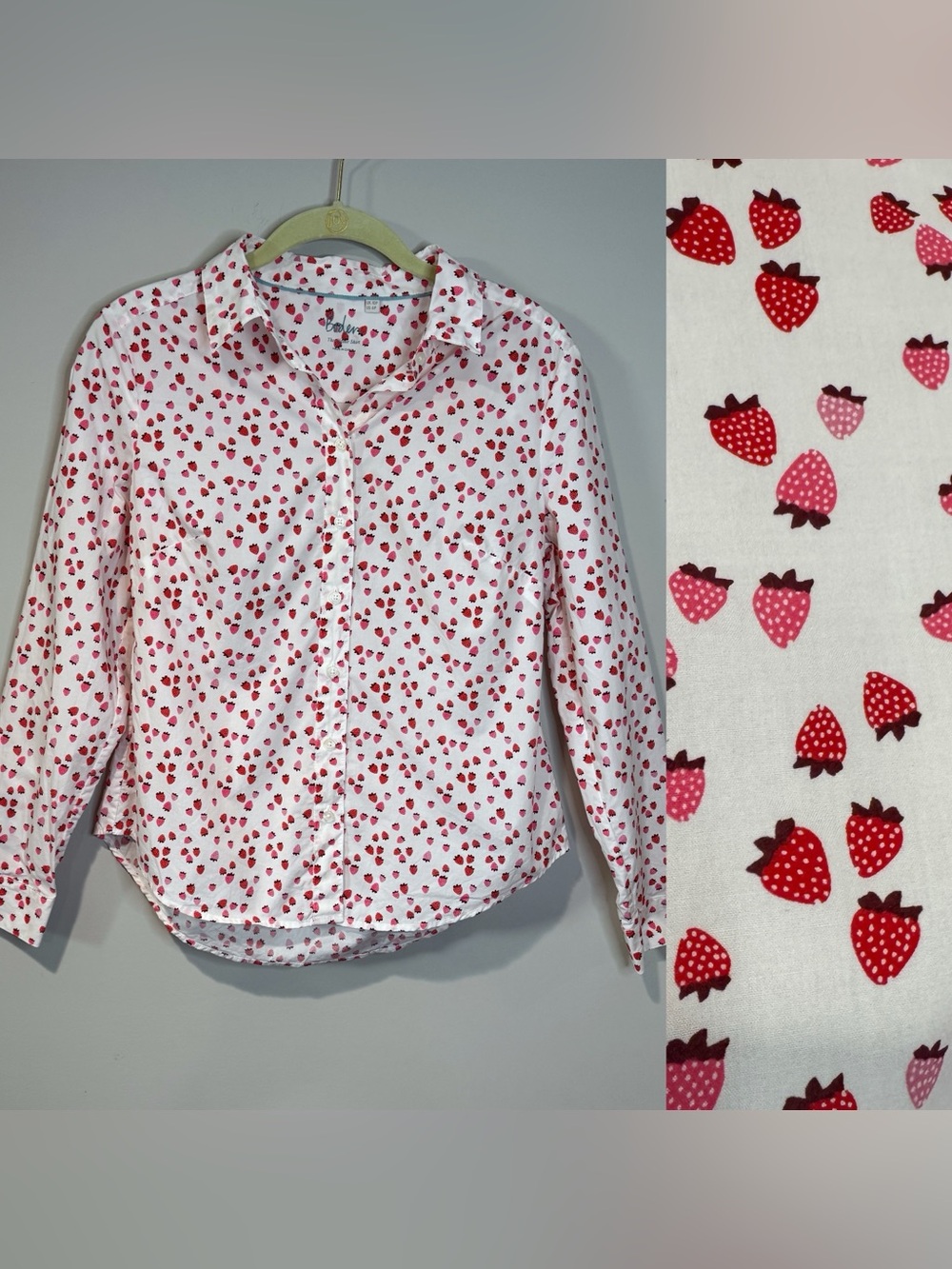 Boden Women's Classic Strawberry Print Button Up Shirt Whimsical Cottagecore 6P
